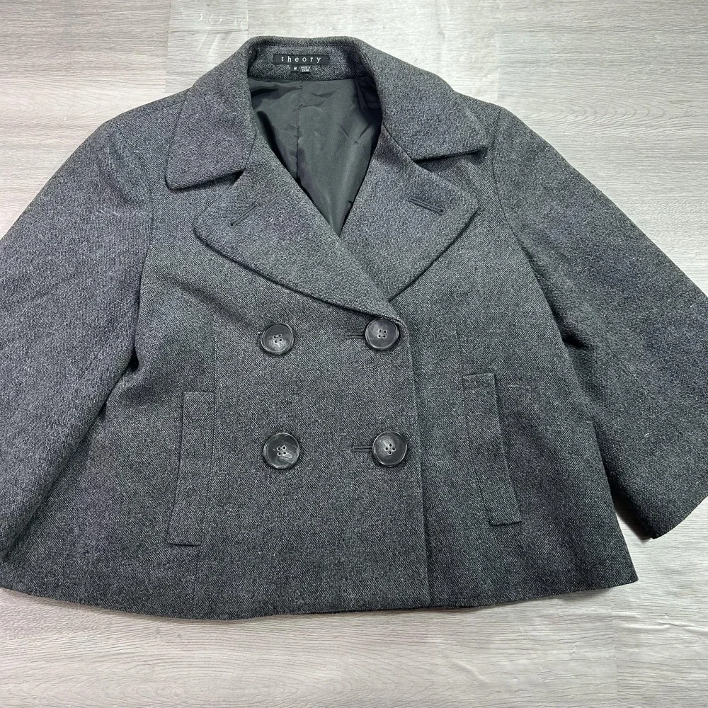 Theory Coat Womens‎ Medium Gray Wool Blend Cropped Tweed Pea Jacket 3/4 Sleeve